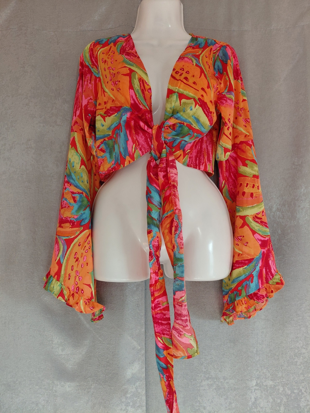 Forever 21 Watermelon Tropical Print Y2k Tie Front Crop Blouse Size - S